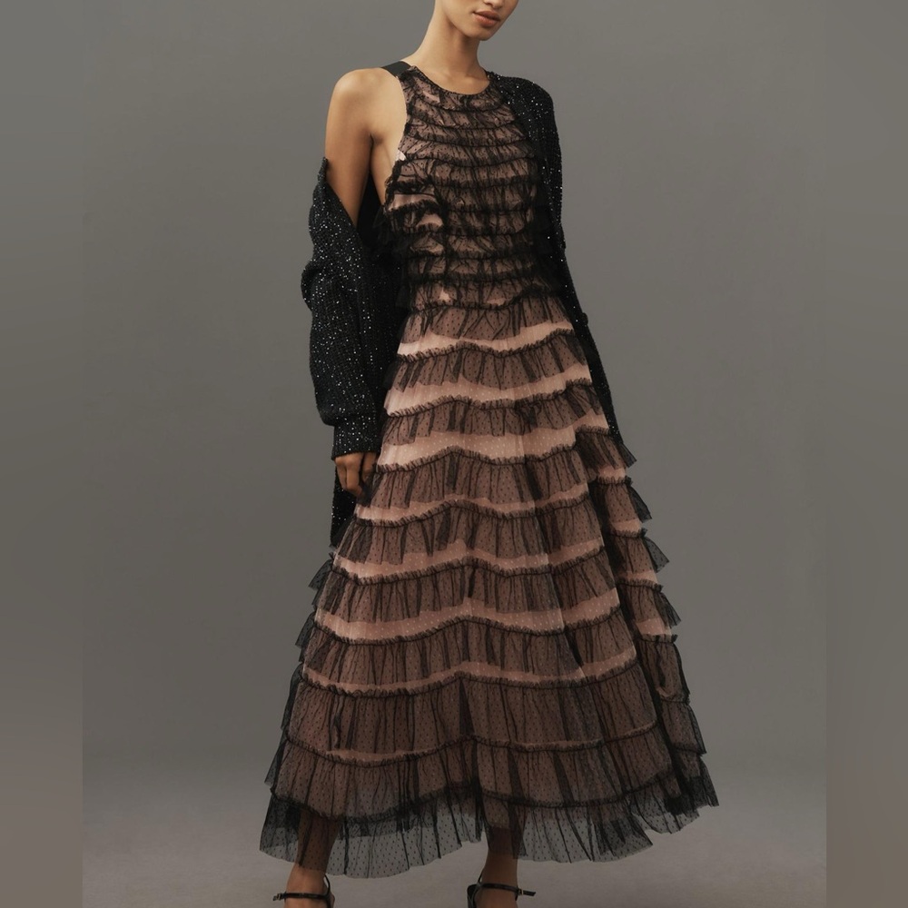 Anthropologie Sleeveless Halter Ruffled Tulle Midi Dress-Black Pink Layer-S-NWT